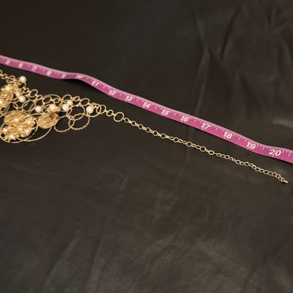 Gold Floral Statement Necklace with Pearl Accents - Picture 2 of 7